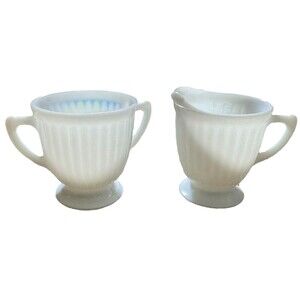 Macbeth Evans Glass PETALWARE White Monax Footed Sugar Bowl Dish &‎ Creamer Set